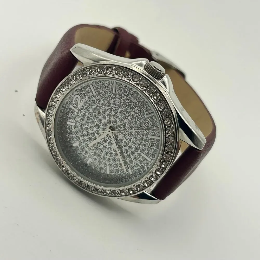 Women’s Silver-tone Dazzling Rhinestone Encrusted Dial Brown Leather Watch